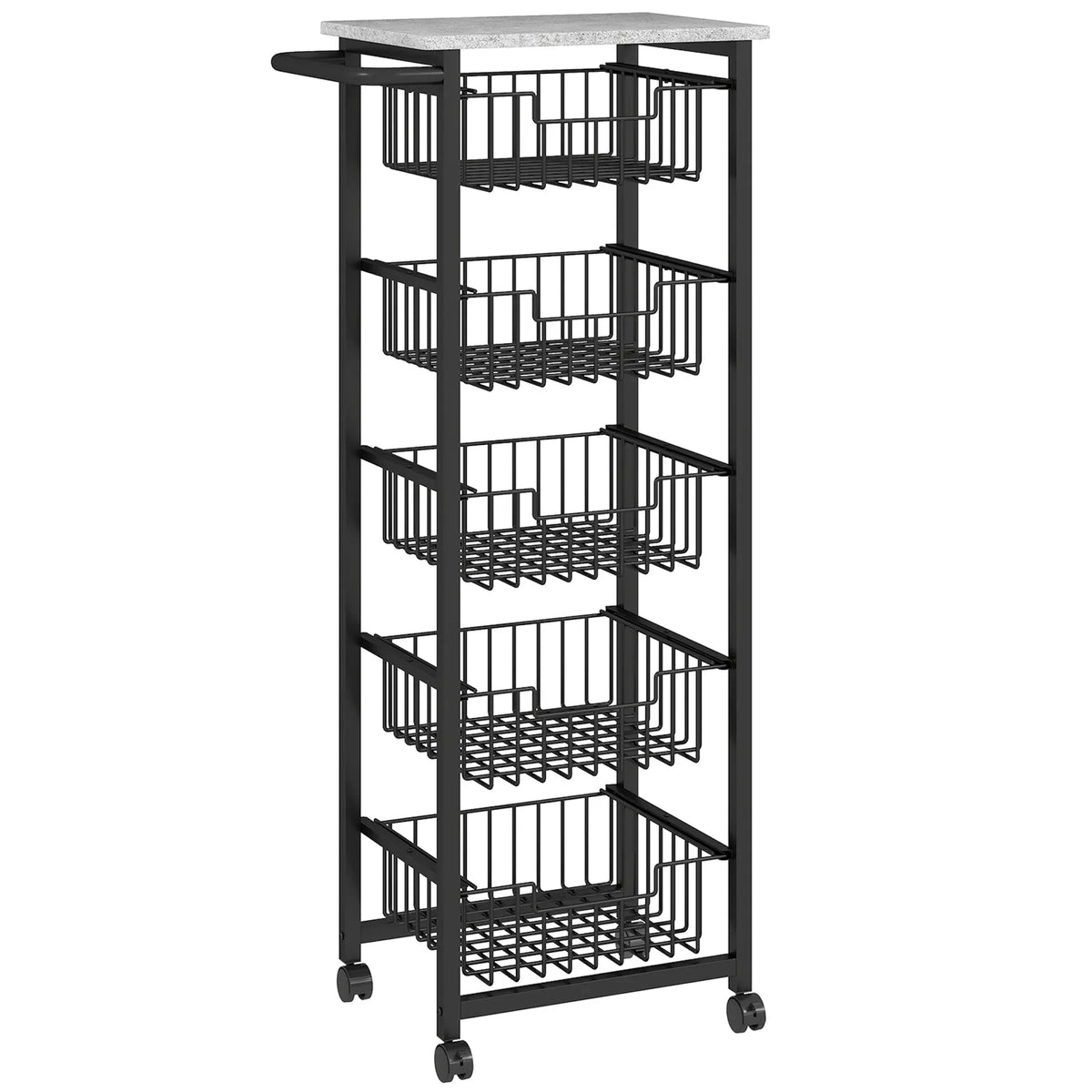 HOMCOM Five Basket Mobile Kitchen Island with Brakes – Storage Trolley, Marble-Effect Top, Grey and Black