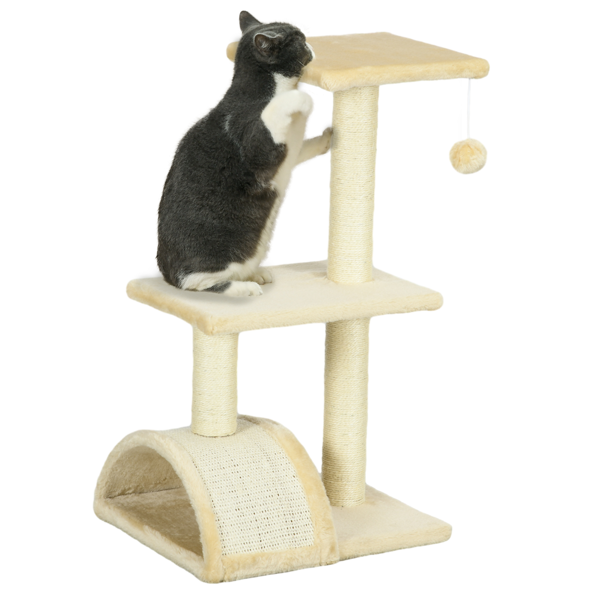 PawHut 72cm Cat Tree Climbing Tower with Sisal Scratching Post and Arc Scratching Pad, Cream White