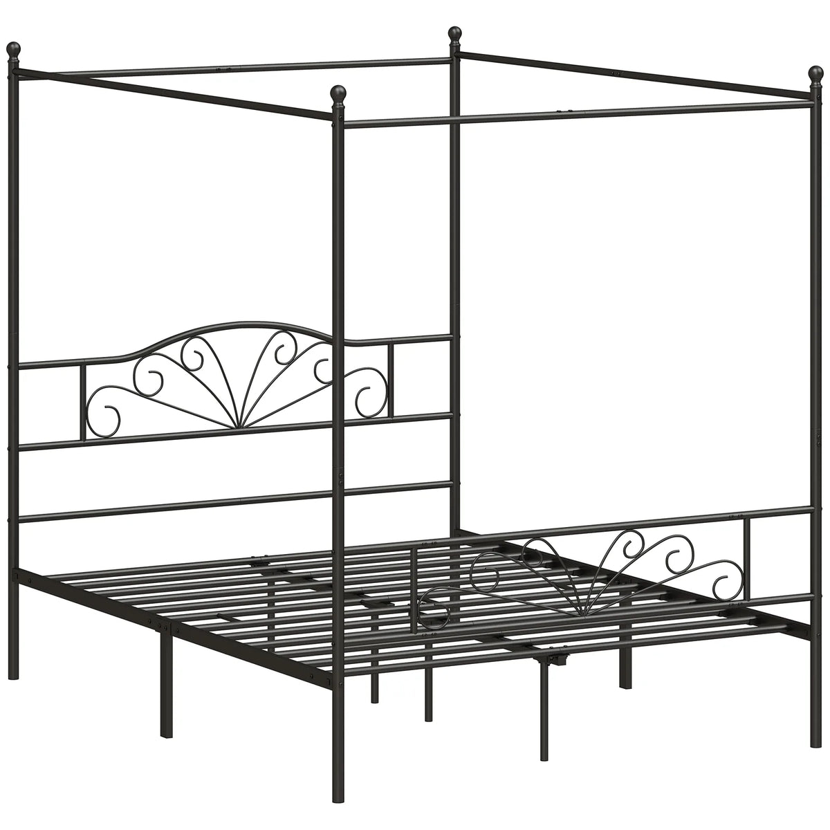 HOMCOM Double Four-Poster Metal Bed Frame with Headboard, Footboard & Underbed Storage – Canopy Bed, Black