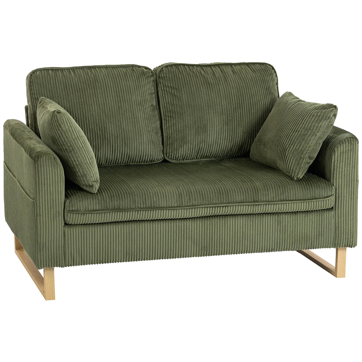 HOMCOM 2 Seater Sofa, 140 cm Corduroy Loveseat with Pocket Springs, Metal Legs and 2 Pillows – Dark Green