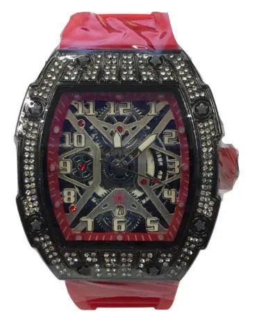 Longbo Gents Quartz Skeleton Watch with Clear Dial and Red Rubber Strap – Black Bling Fashion Wrist Watch