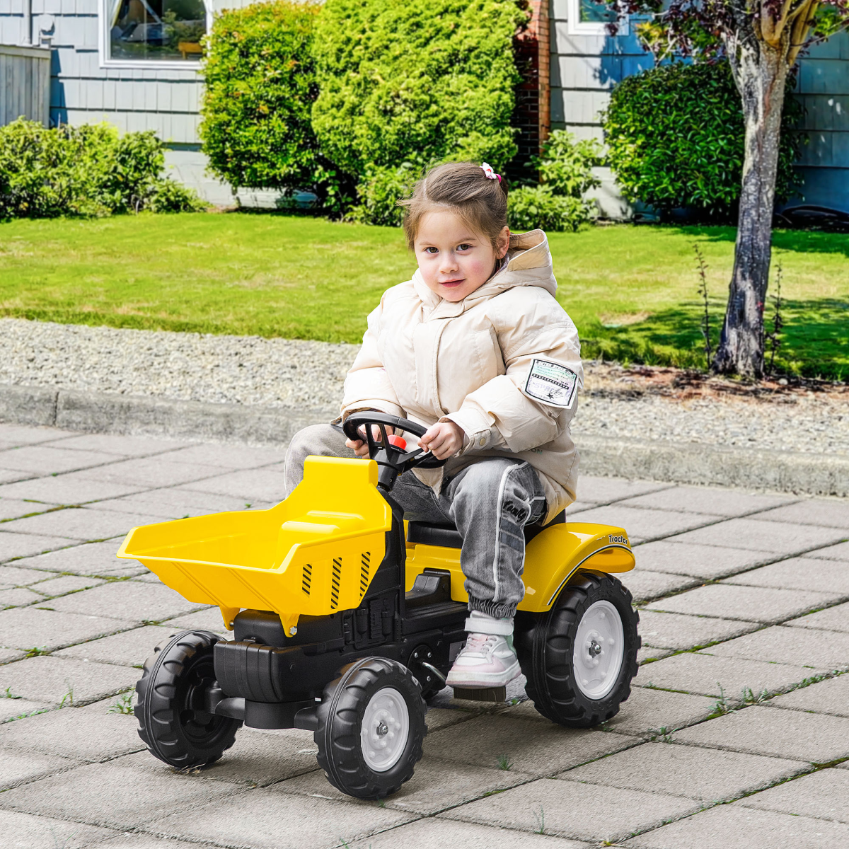 Kids Ride-On Excavator with Working Bucket, Tow Hook and Pedal Power – Garden Digger, Yellow