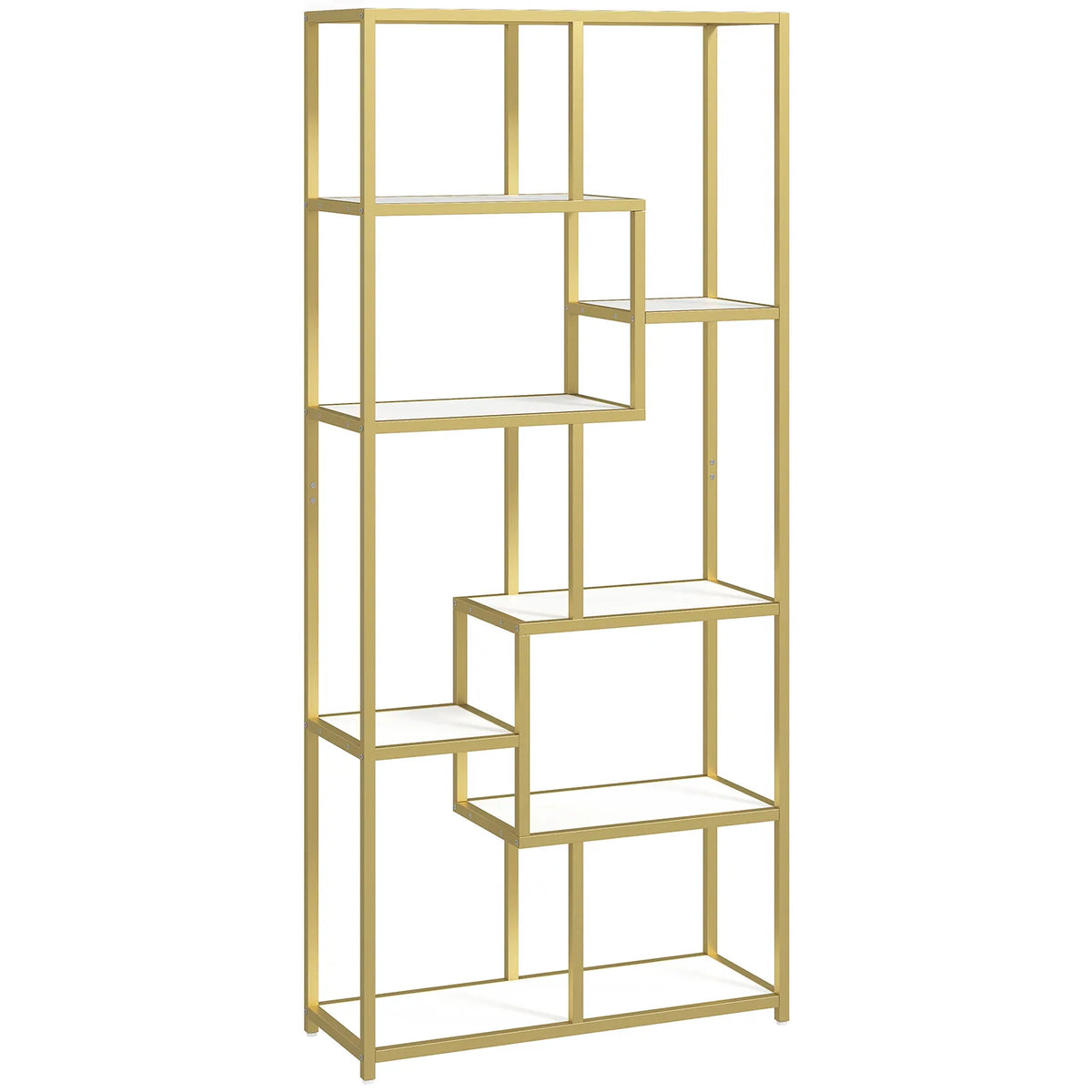HOMCOM Seven-Tier Geometric Bookcase with Metal Frame – Asymmetrical Display Shelf, White/Gold Tone