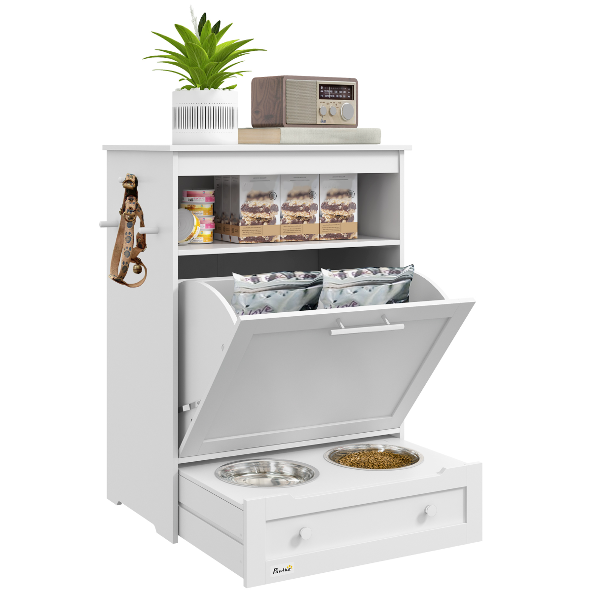 PawHut Pet Feeder Station with Two Removable Bowls & Storage Cabinet – Dog and Cat Feeding Table, White