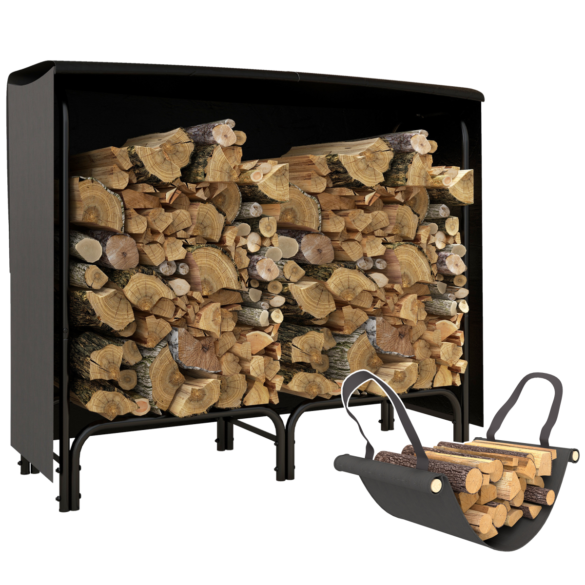 Outsunny 4ft Firewood Rack with Canvas Carrier & Oxford Cover, 0.33m³ Capacity – Metal Log Storage, Black