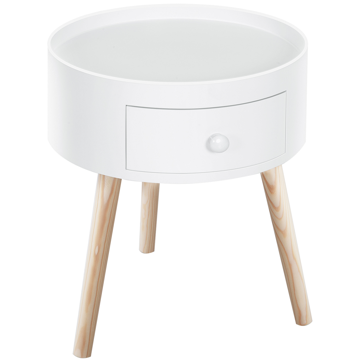 HOMCOM Round Coffee Table with Pull-Out Drawer and Wooden Legs – Living Room & Office Side Table, White