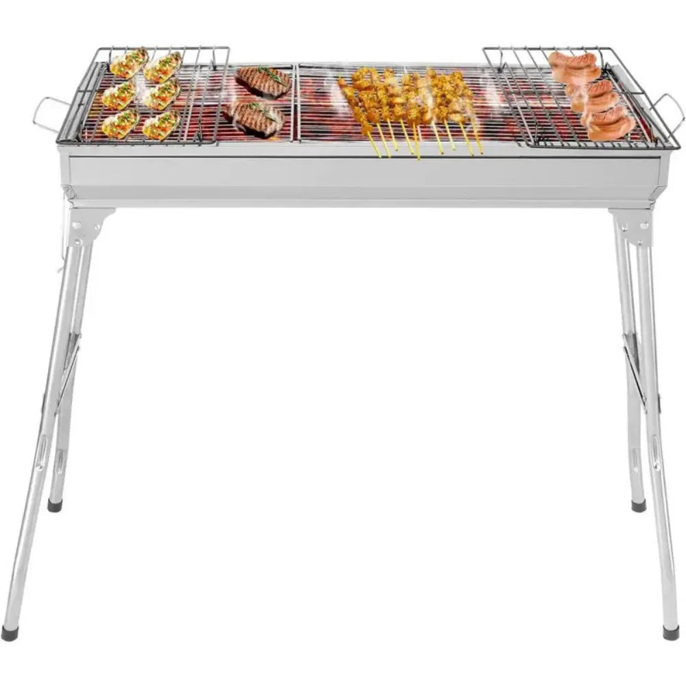 Folding Charcoal BBQ Grill, Portable Stainless Steel Barbecue with Two Mesh Panels – Garden, Picnic & Camping