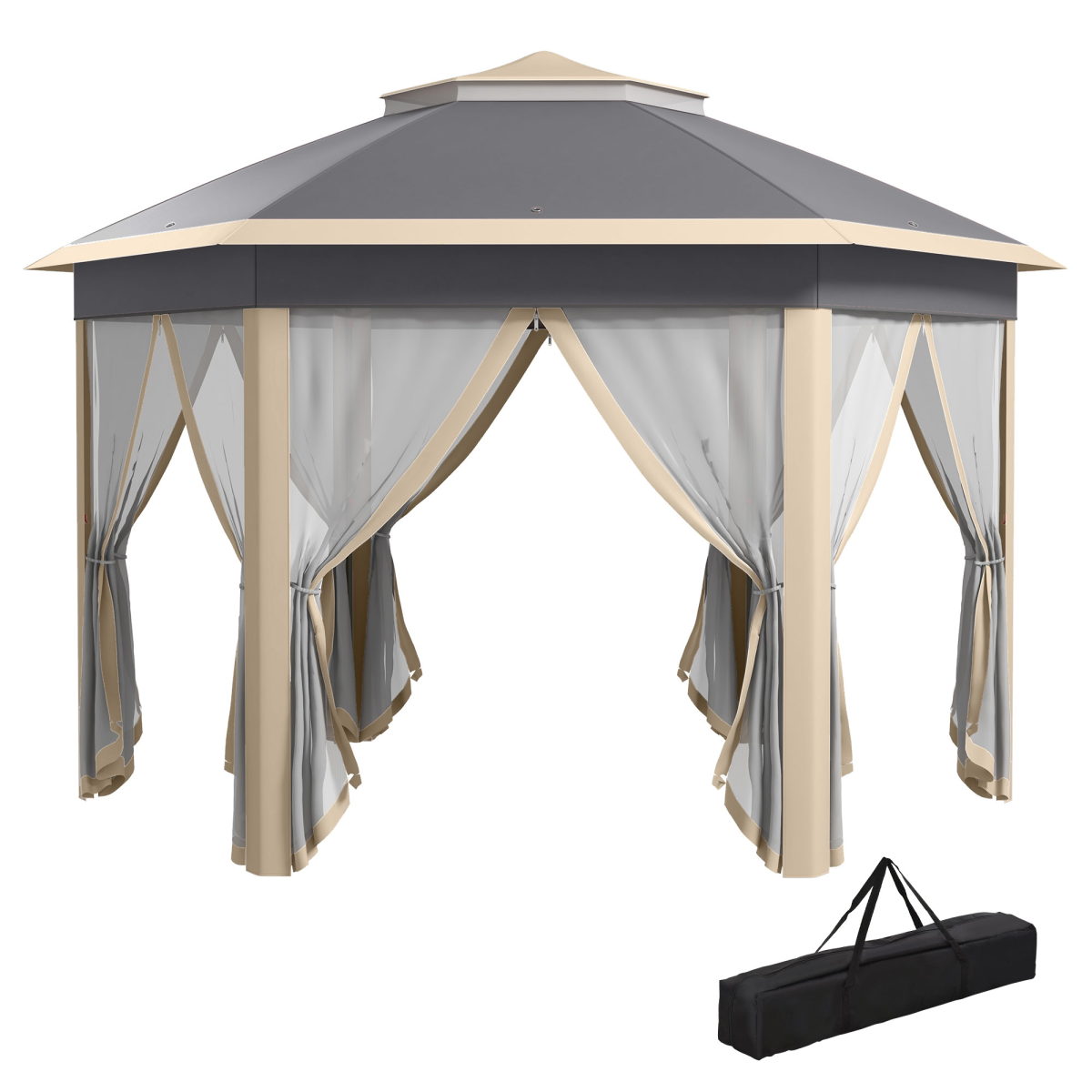 Outsunny 3 x 4m Hexagon Pop-Up Metal Gazebo with Six Mesh Curtains – Garden Party Tent, Khaki
