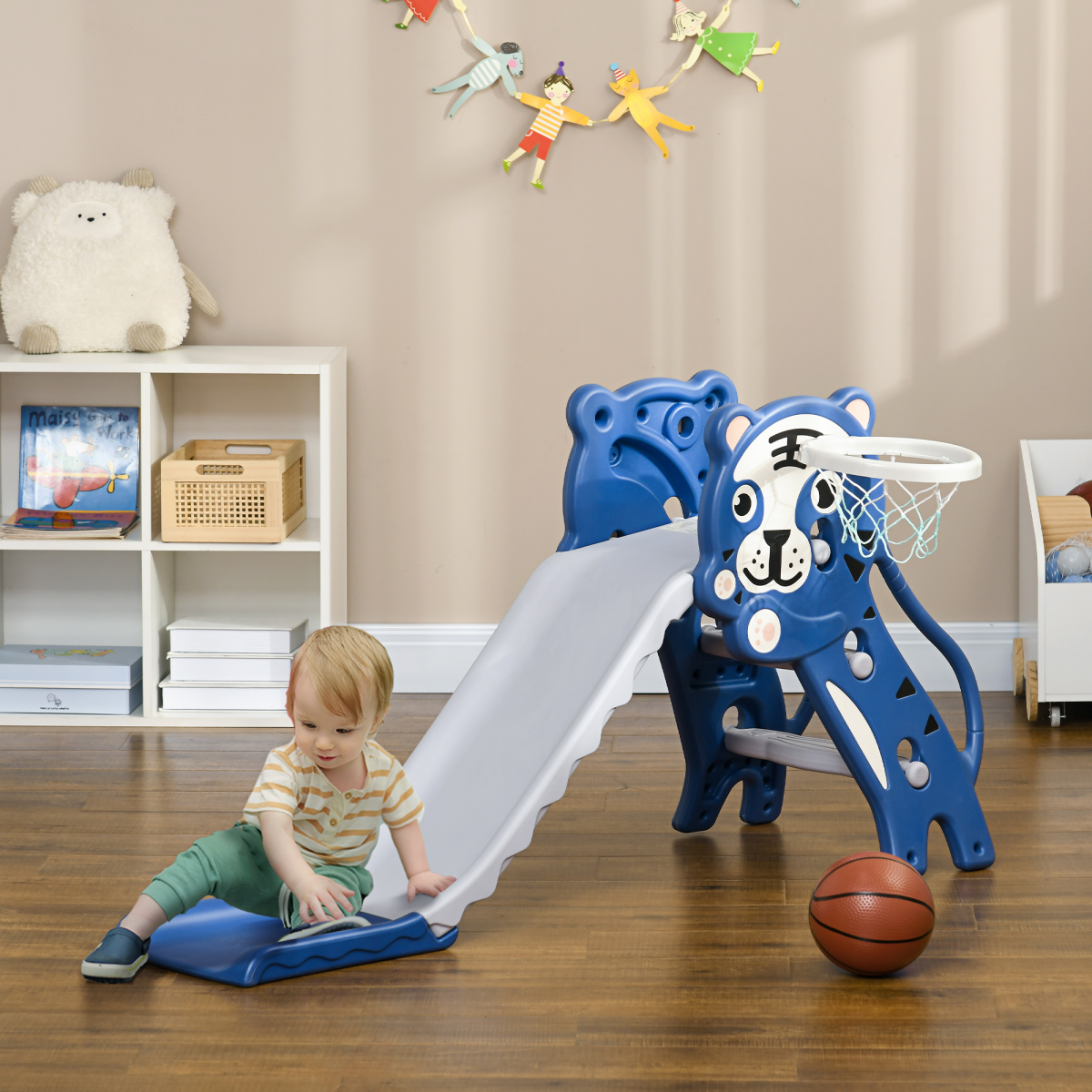 Kids 3-in-1 Slide with Climber & Basketball Hoop – Indoor Toddler Play Slide for 18-36 Months, Blue & Grey