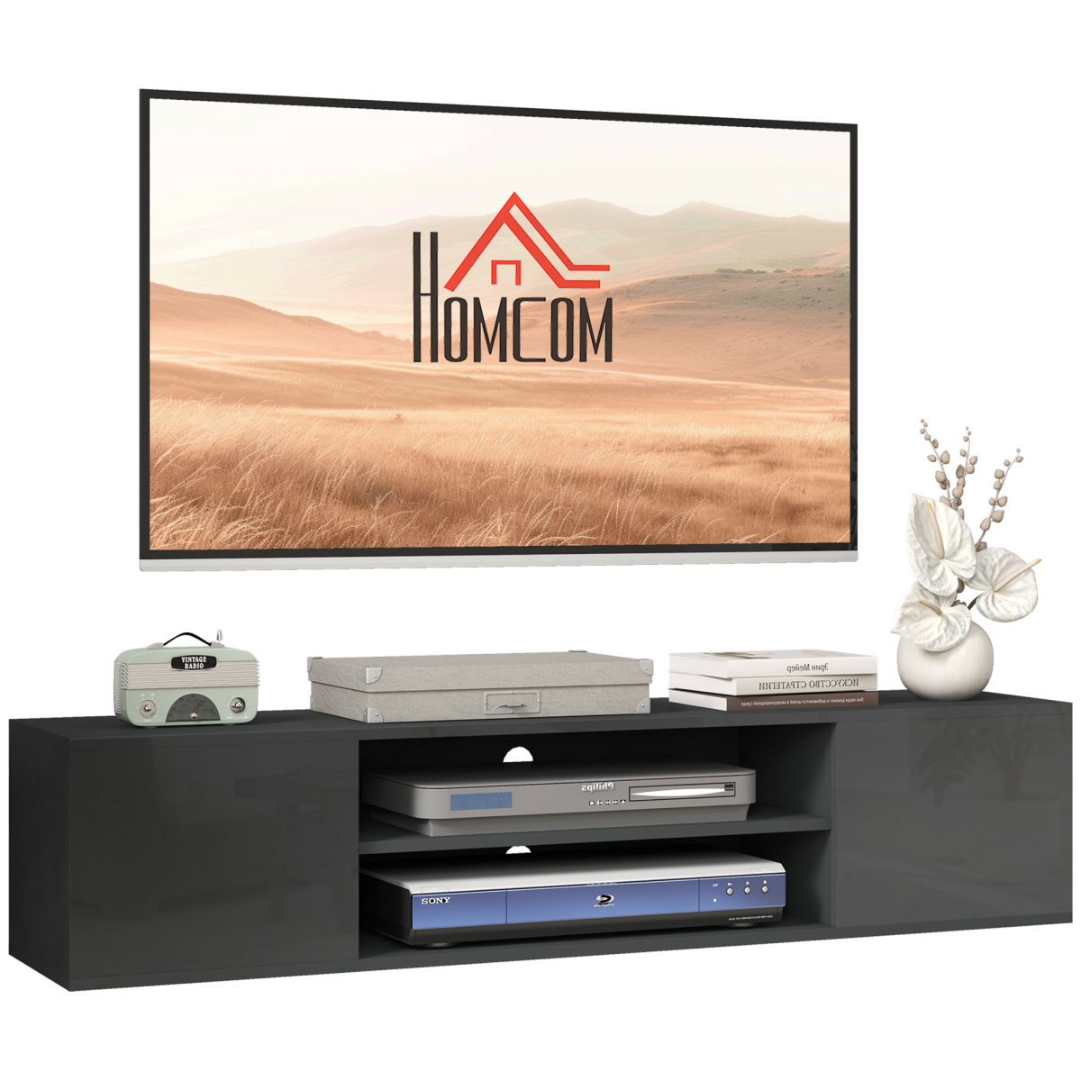HOMCOM Wall-Mounted Floating TV Unit with Shelves & Cupboards for TVs up to 60", Grey High Gloss