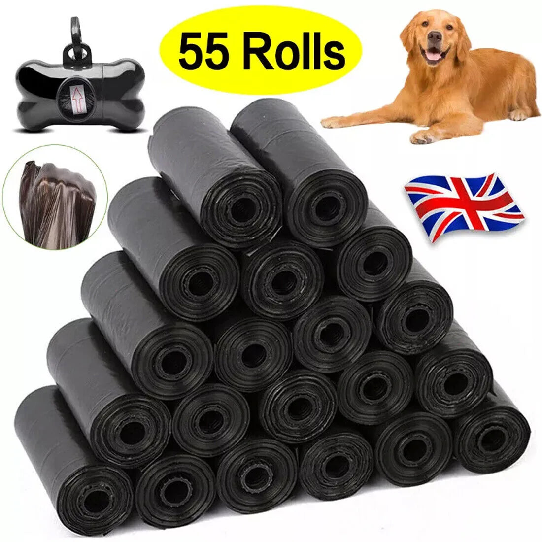 1100 Biodegradable Dog Poo Bags with Bone-Shaped Dispenser – 55 Rolls, Leak-Proof Pet Waste Bags, Black