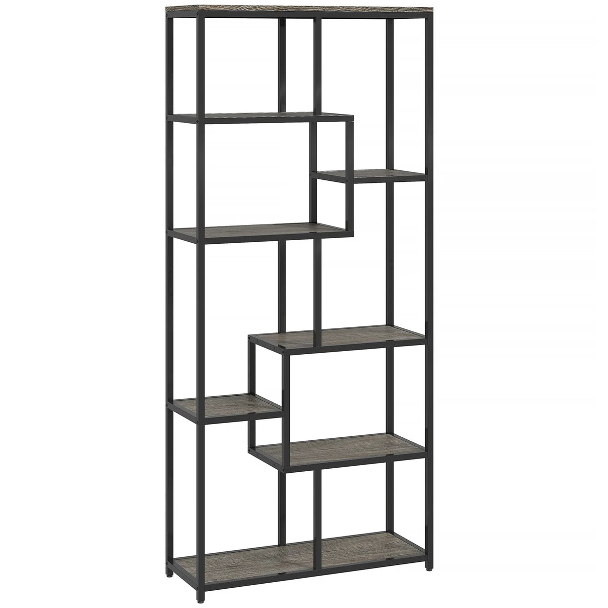 HOMCOM Seven-Tier Geometric Bookcase with Asymmetrical Open Shelves and Anti-Tipping Device – Grey and Black