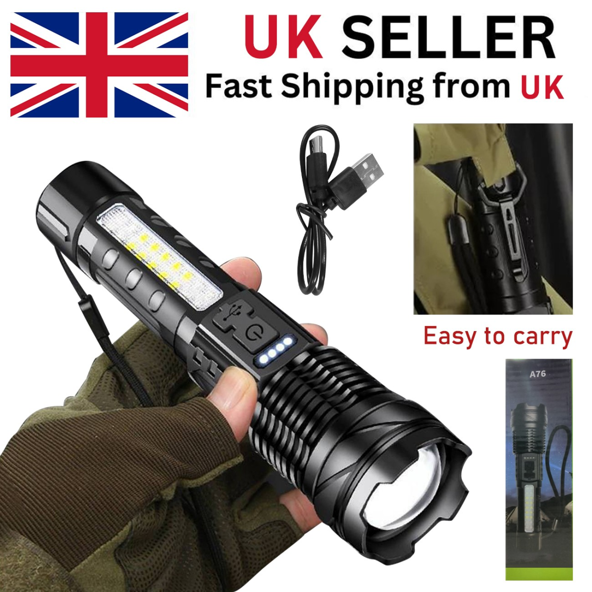 USB Rechargeable LED Flashlight with Adjustable Zoom and 7 Modes – Type-C Camping, Hiking and Work Torch