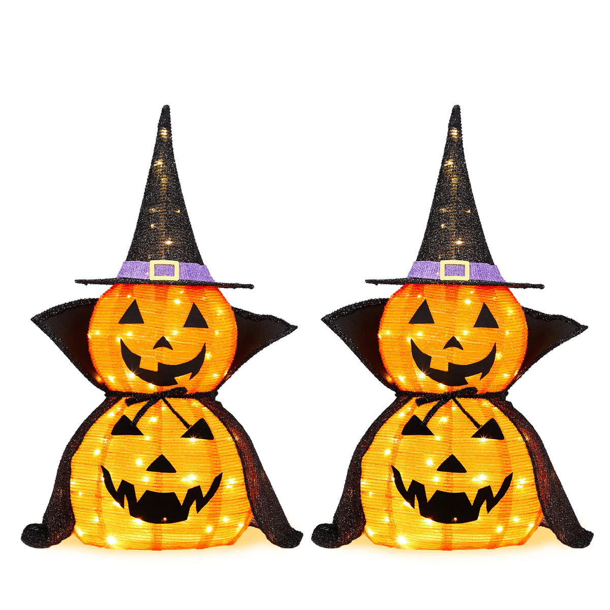 Pop-Up Lighted Halloween Pumpkins 3ft – 2 Pack Collapsible Jack-o-Lanterns, 176 Warm LEDs