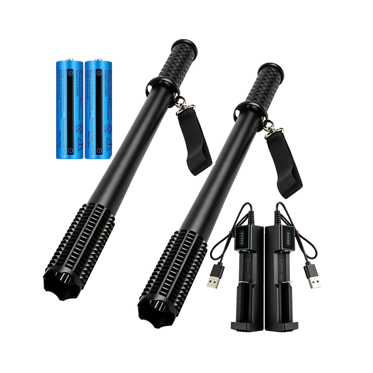 2 Pack 3-Mode USB Rechargeable LED Torch Set with Hammer Head – Water-Resistant, for Hiking and Camping