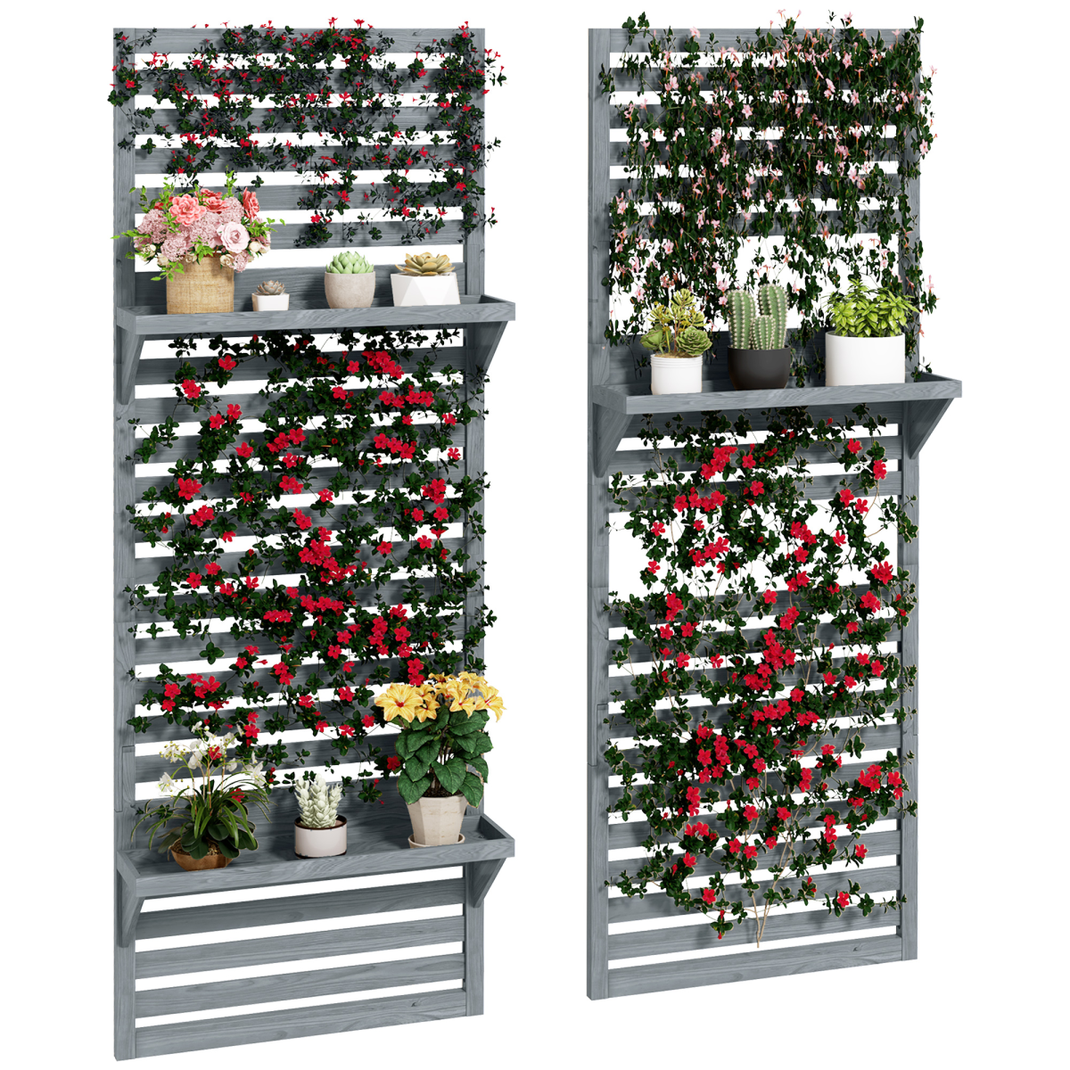 Outsunny Set of 2 Wall Mounted Plant Stands with Shelves & Slatted Trellis – Fir Wood Planters, Grey