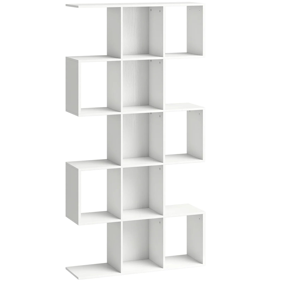HOMCOM 5-Tier S-Shaped Bookcase with 15 Compartments – Slim Geometric Display Shelf, White Wood Effect