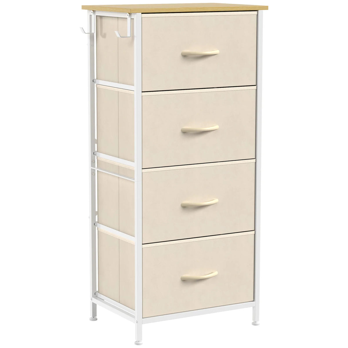 HOMCOM Chest of Drawers with 4 Fabric Drawers, 2 Hooks and Steel Frame – Tall Bedroom Storage Unit, Beige