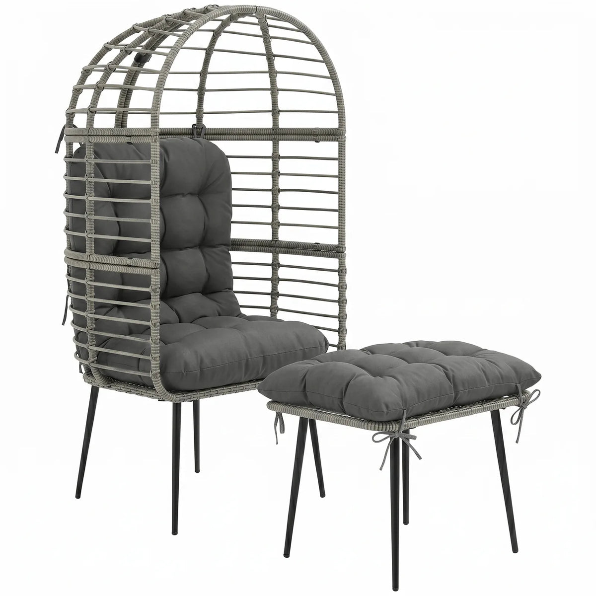 Outsunny Garden Egg Chair with Footstool, PE Rattan Indoor Outdoor Lounge Set with Thick Cushions – Light Grey