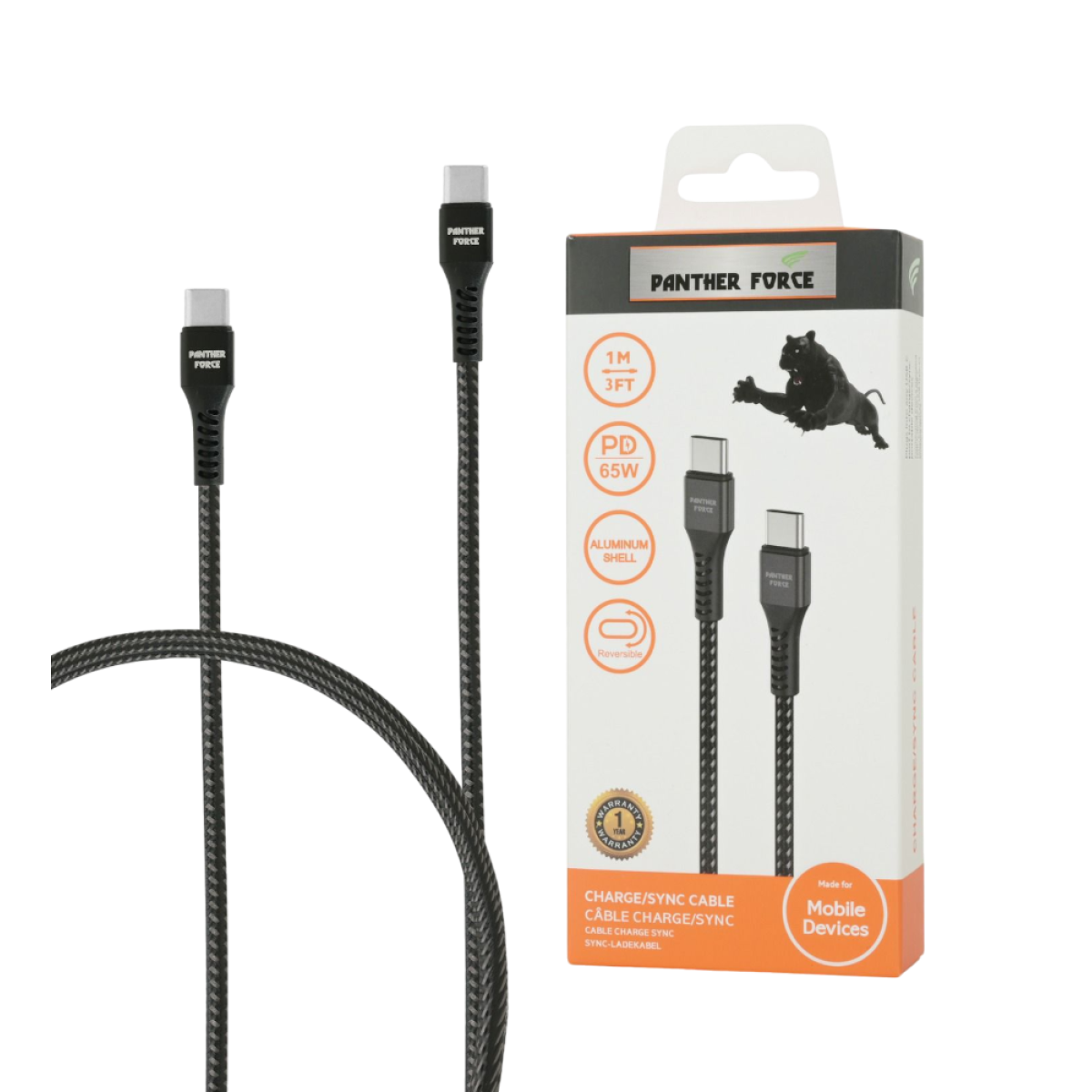 Panther Force 65W Type-C to Type-C Charging and Sync Cable – High-Quality, 1m