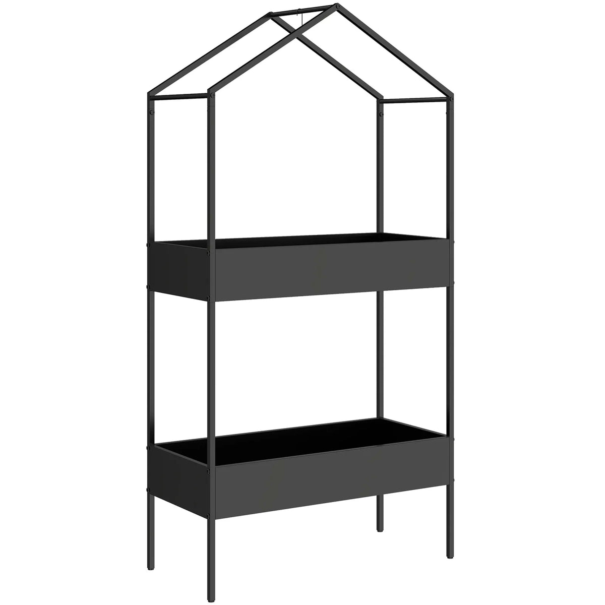Outsunny 2 Tier Metal Plant Stand with Hanging Hook, House-Shaped Indoor Outdoor Display Rack, Black