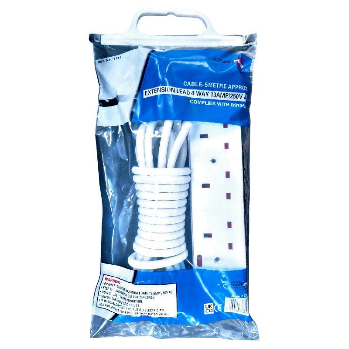 PowerPlus 4 Way 5 Metre Extension Lead – 13 Amp, 240V AC, 3-Pin UK Plug, White