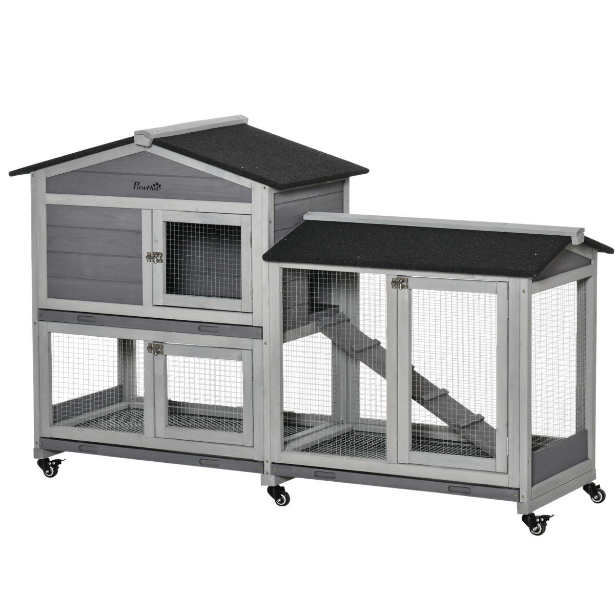 PawHut Wooden Rabbit Hutch, Guinea Pig Cage with Wheels, Slide-Out Tray & Ramp – Outdoor, Light Grey