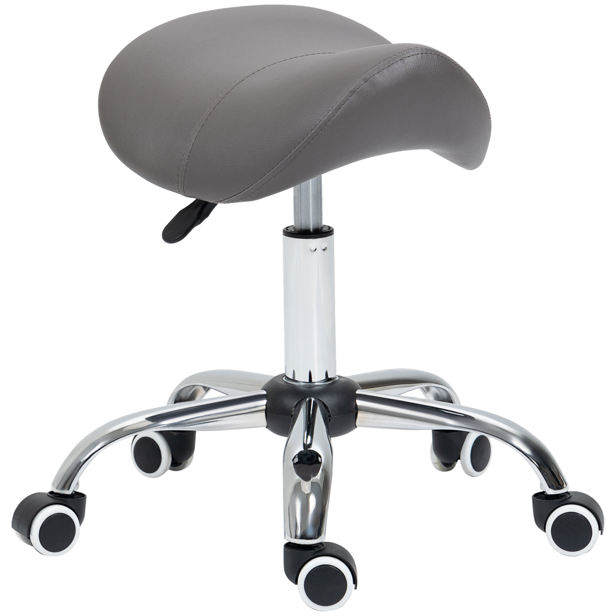 HOMCOM PU Leather Saddle Stool with Padded Seat & Adjustable Height 49–61cm – Salon Stool on Wheels, Grey