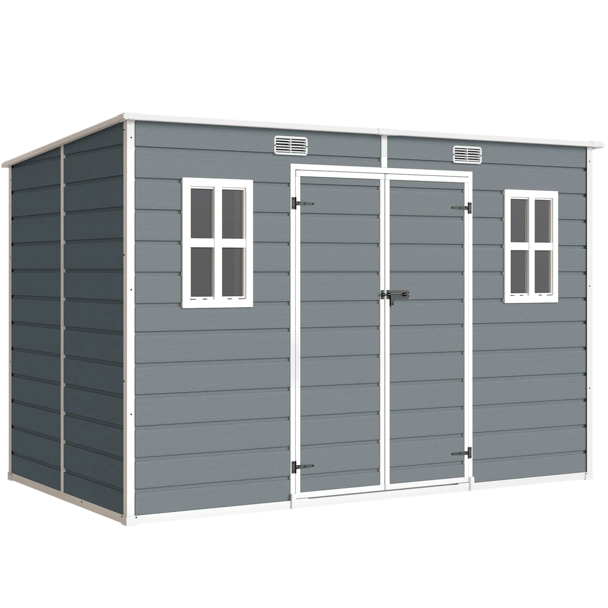 Outsunny 10 x 6ft Resin Garden Shed with Floor, Windows, Lockable Doors and Vents – Outdoor Storage, Grey