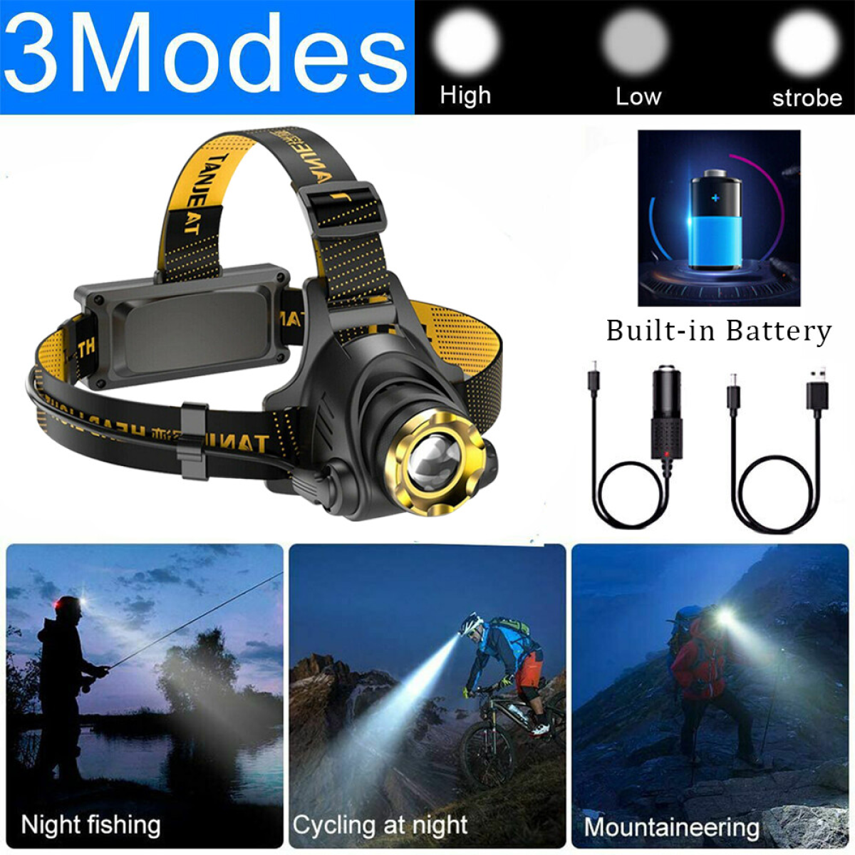 USB Rechargeable LED Headlamp with 3 Light Modes & Zoomable Beam – Camping Head Torch, Car Charger & Cable