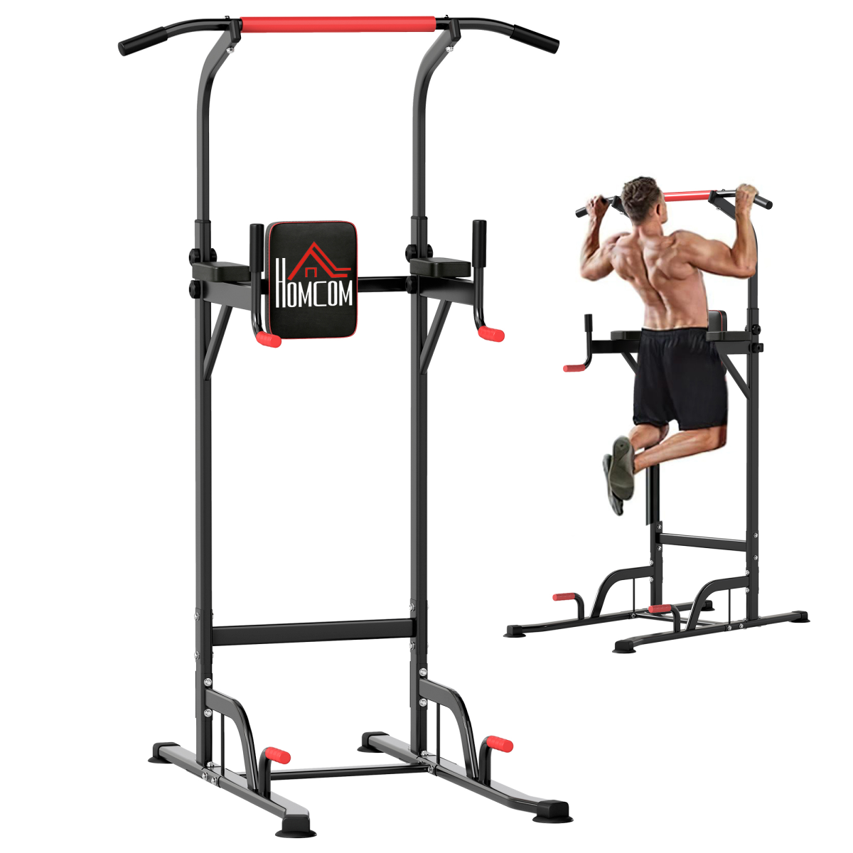 HOMCOM Power Tower Station with Pull Up Bar & Dip Station – 7 Height Levels, Home Gym Upper Body Workout