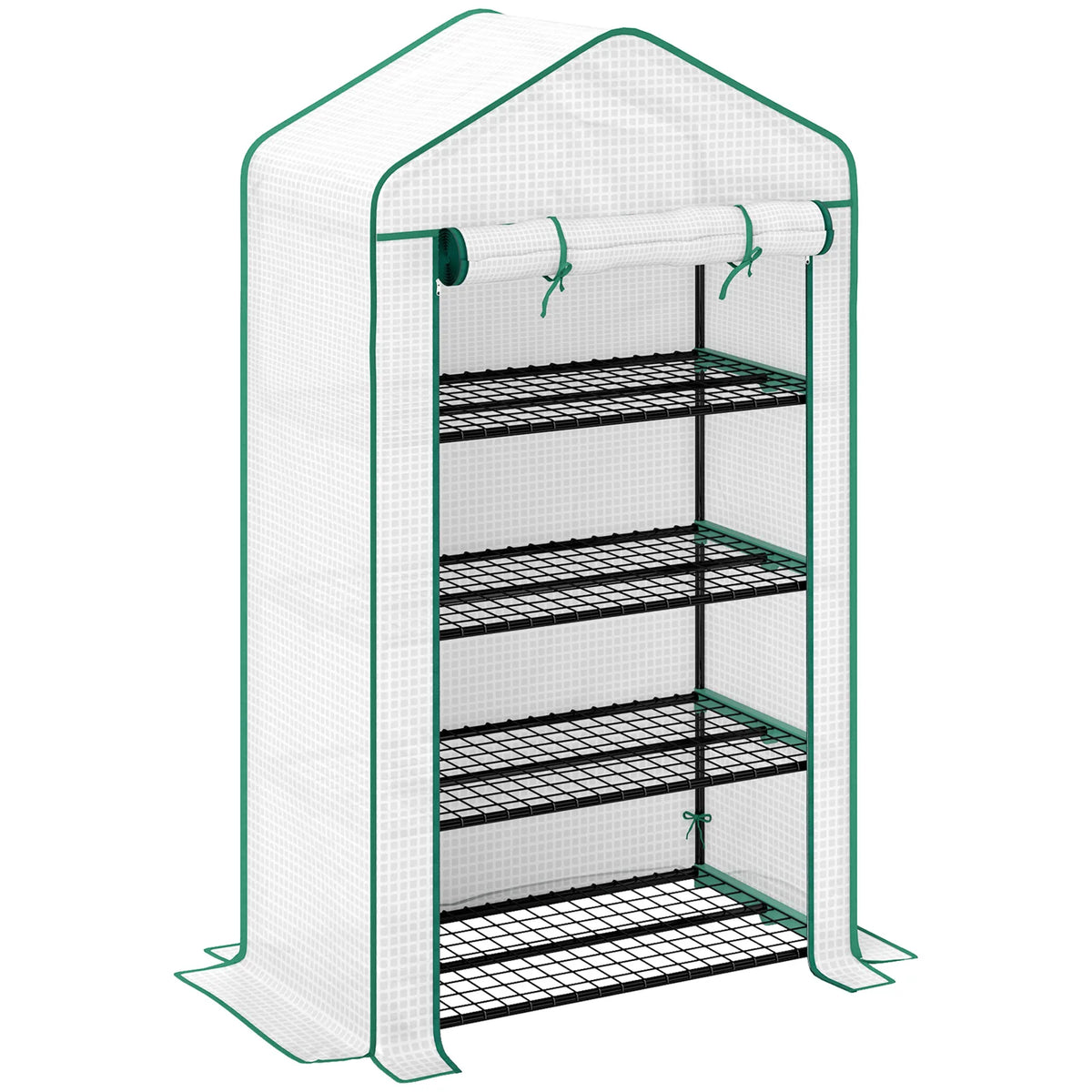 Outsunny Four-Tier Mini Greenhouse with Reinforced Plastic Cover and Roll-Up Door – Steel Frame Plant Shelter