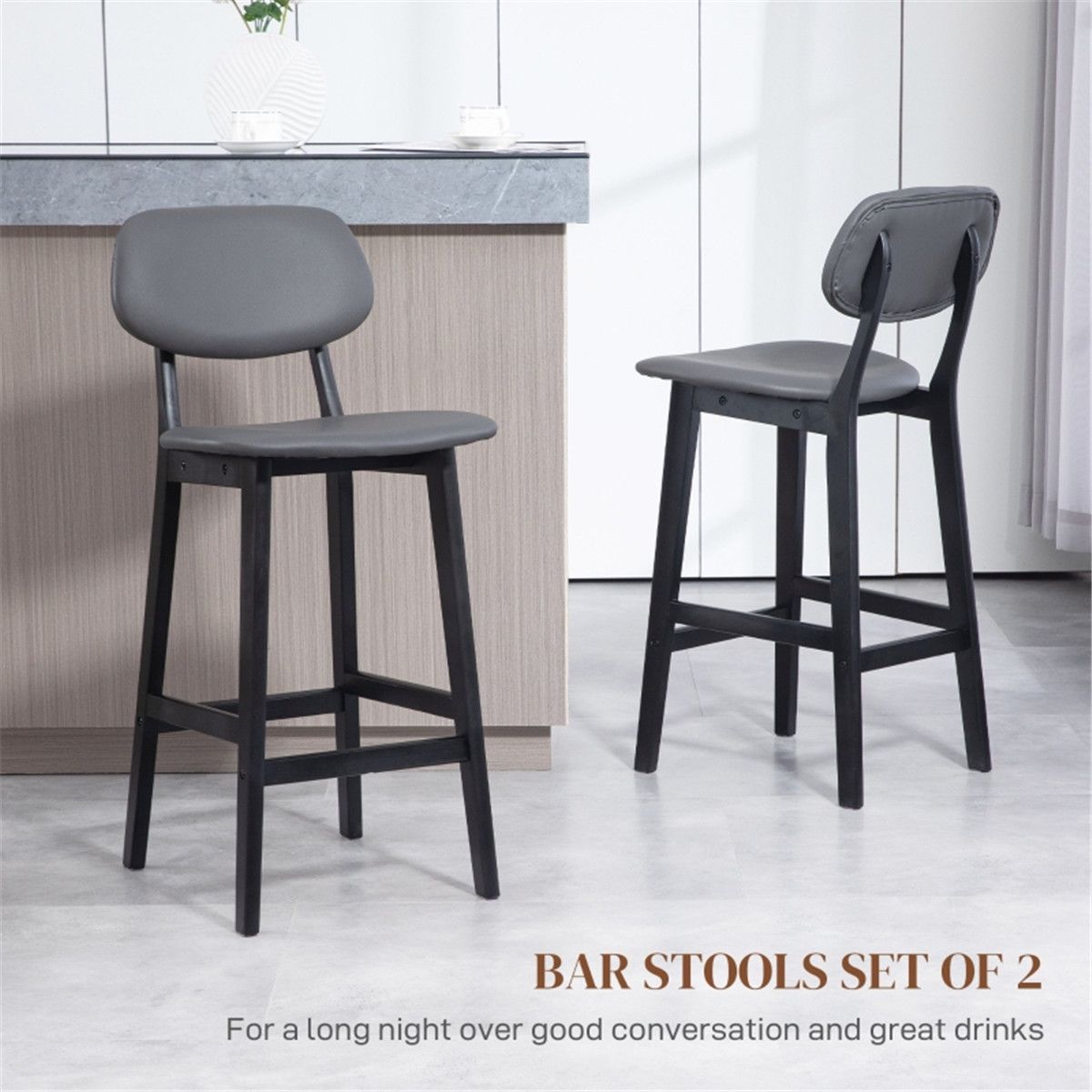 Bar Stools Set of 2 with Backs, Footrests & Padded Faux Leather Seats – Beech Wood Counter Chairs, Dark Grey