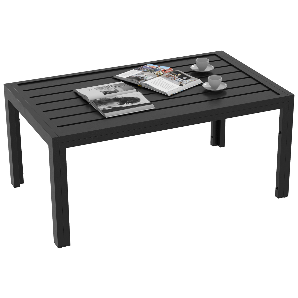 Outsunny Outdoor Side Table with Slatted Top & Galvanised Steel Frame – Patio, Balcony & Garden Table, Black