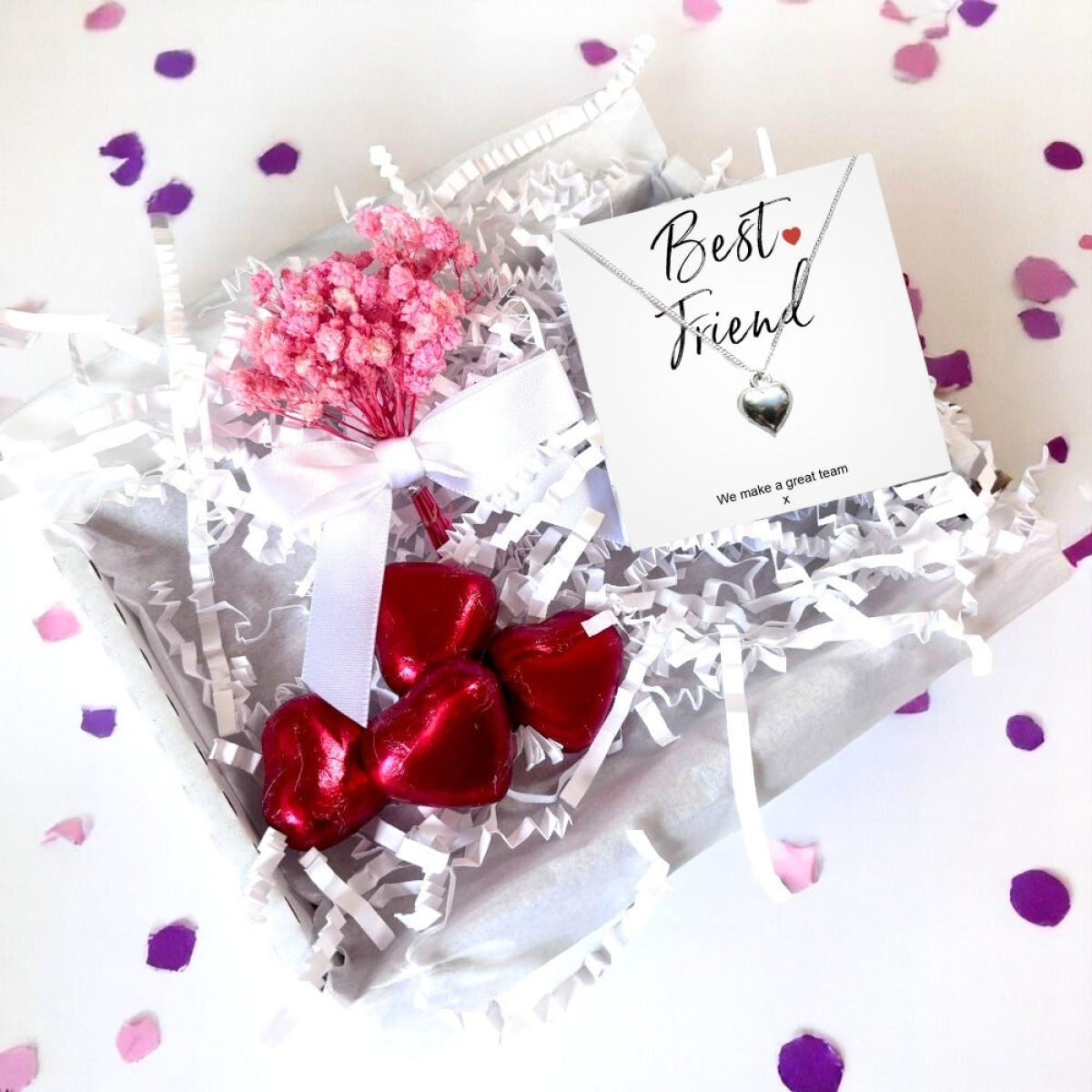 Aye Do Gifts Best Friend Mini Gift Hamper with Silver Heart Necklace, Dried Flower Bouquet & Chocolates