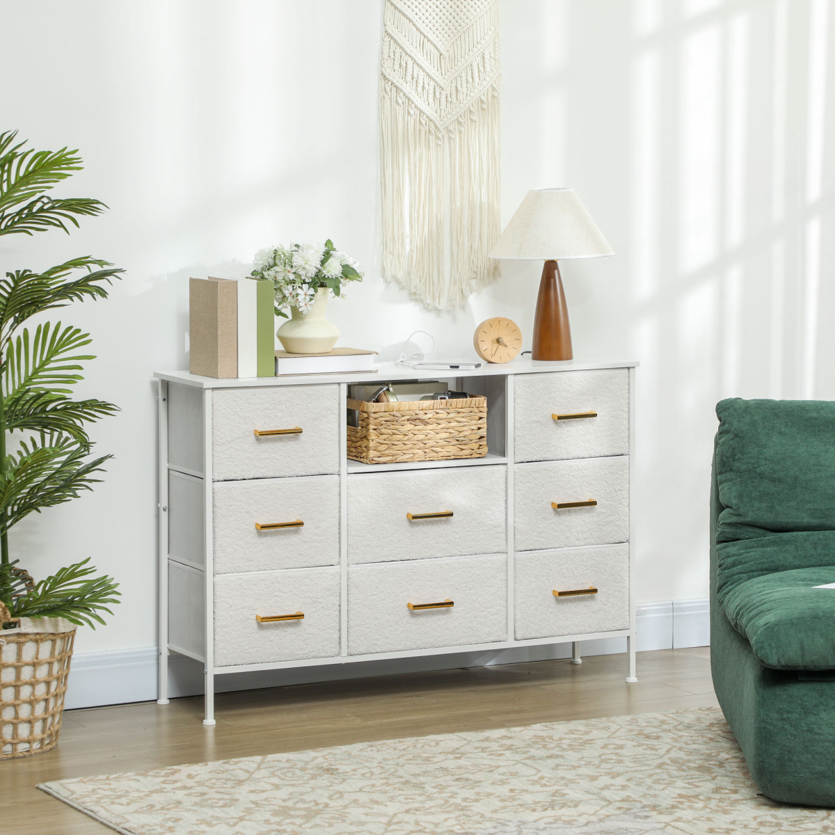 8-Drawer Chest of Drawers with Charging Station, USB & USB-C Ports – Boucle Fabric Storage Unit, Cream White