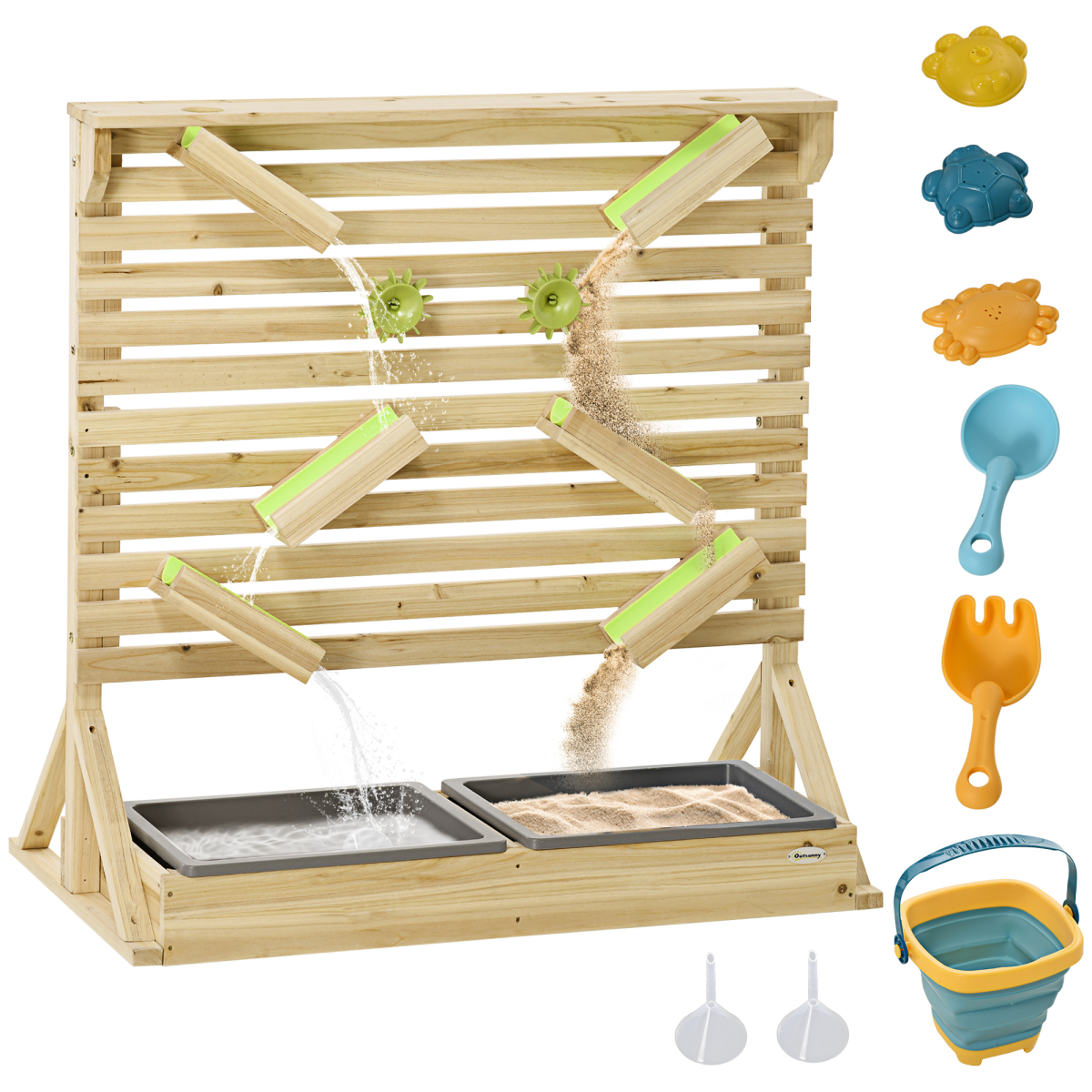 Outsunny Kids Sand and Water Playset with Two Sinks, Water Carts & 18 Accessories – Fir Wood Play Station