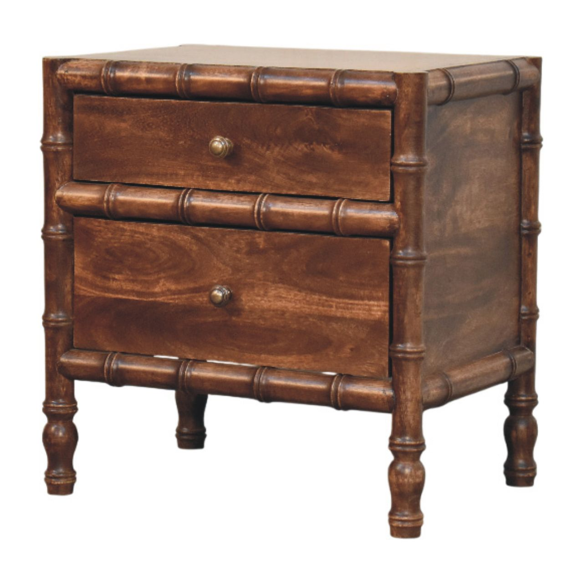 Artisan Furniture Solid Mango Wood Bamboo Frame Nightstand, 2 Drawers & Brass Knobs – Roasted Almond