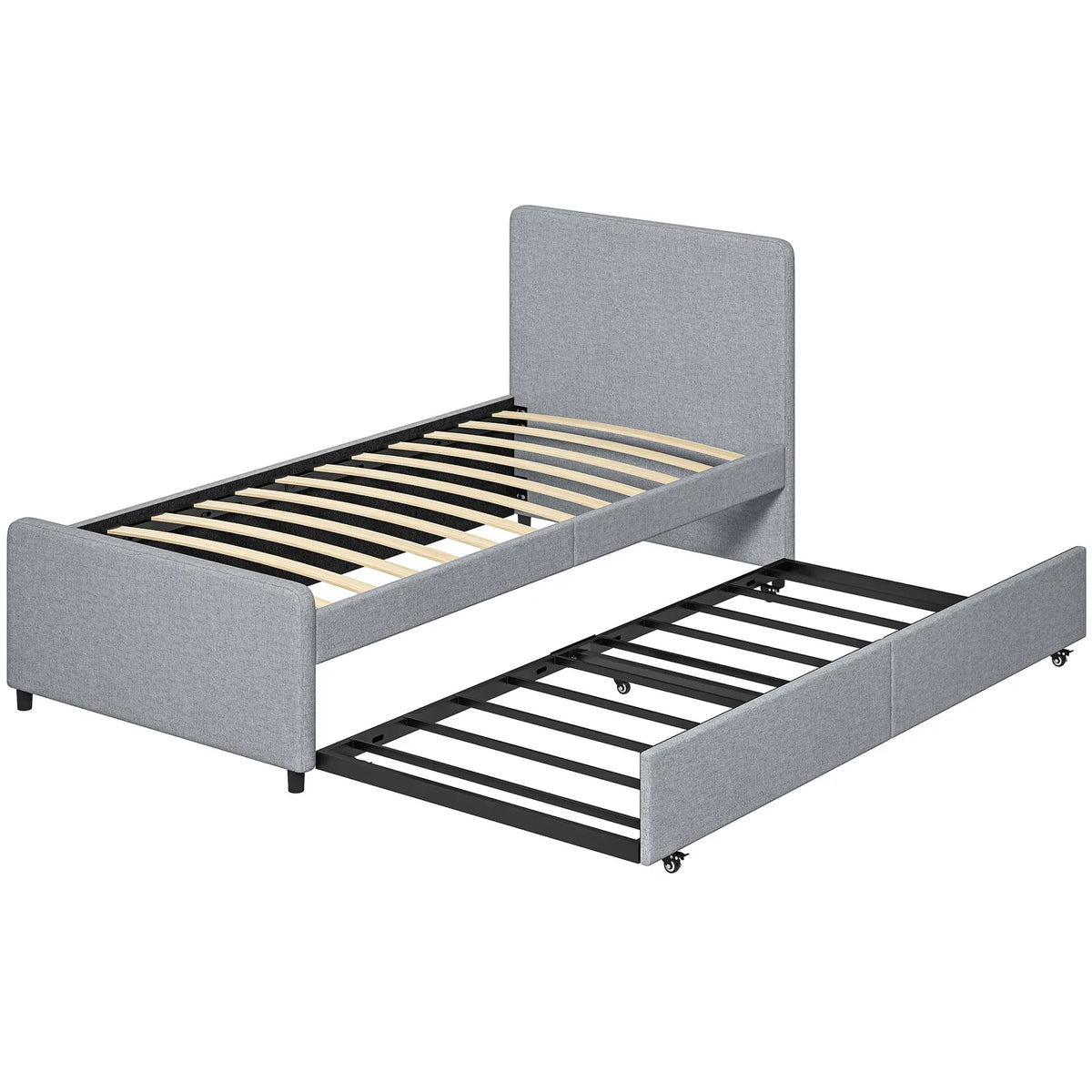 HOMCOM 3ft Single Upholstered Trundle Bed Frame with Headboard and Footboard – Pull-Out Guest Bed, Light Grey