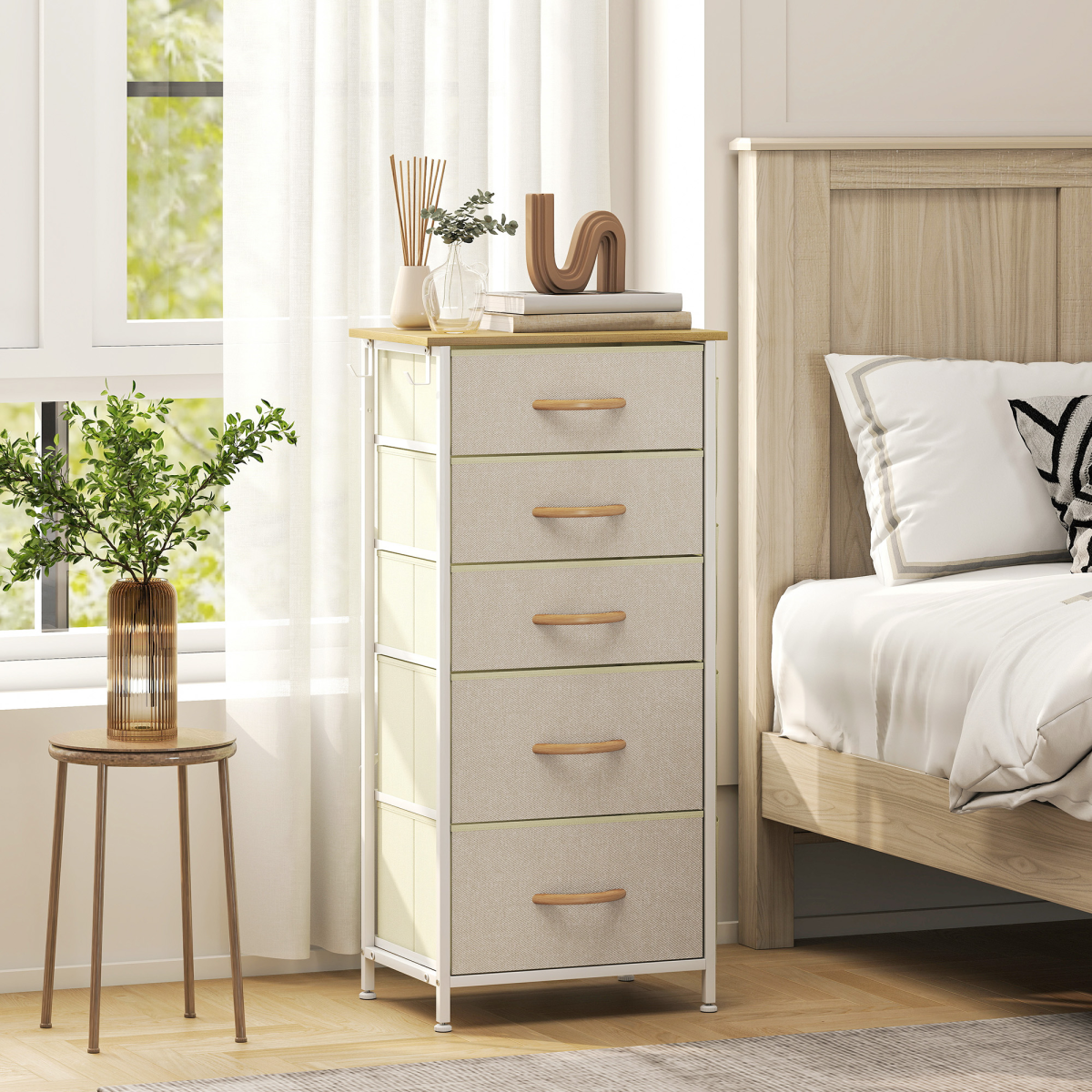Fabric Chest of Drawers with 5 Foldable Drawers, 4 Side Pockets & Steel Frame – Bedroom Storage Tower