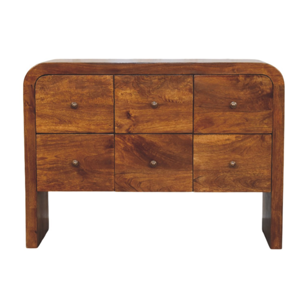 Artisan Furniture Solid Wood Darcy 3 over 3 Drawer Chest with Curved Silhouette – Brass Knobs, Chestnut Brown