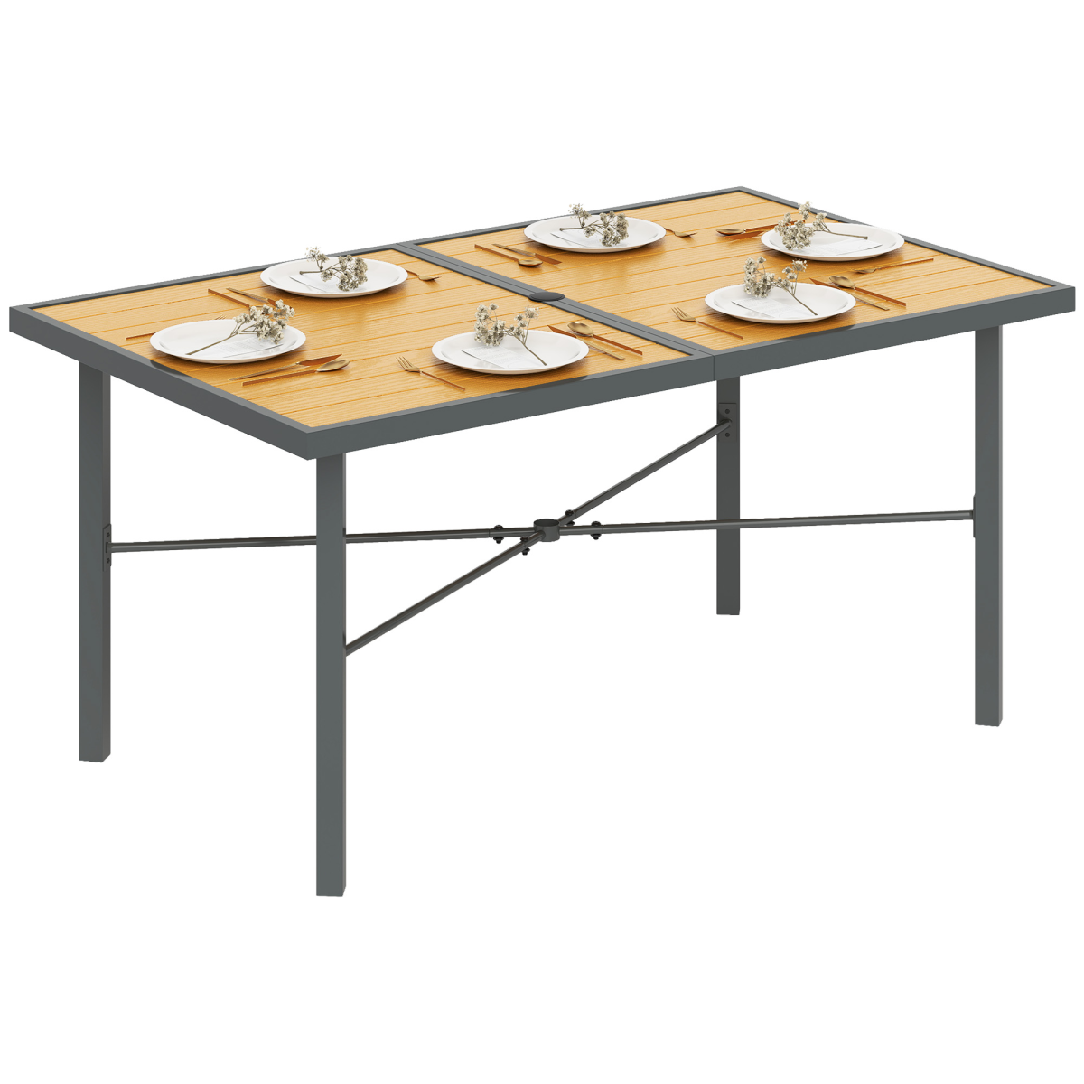 Outsunny Garden Table for 6 with Wood-Effect Galvanised Steel Top & 5cm Umbrella Hole – Outdoor Dining, Grey