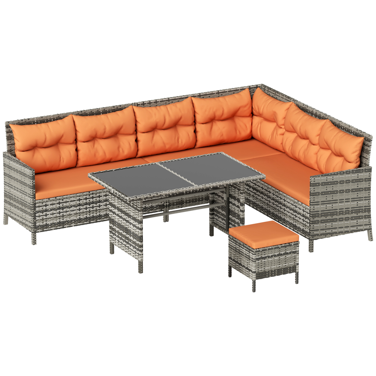 Outsunny 6 Piece Patio Wicker Sofa Set with Footstool and Coffee Table, Rust-Resistant Frame, Orange