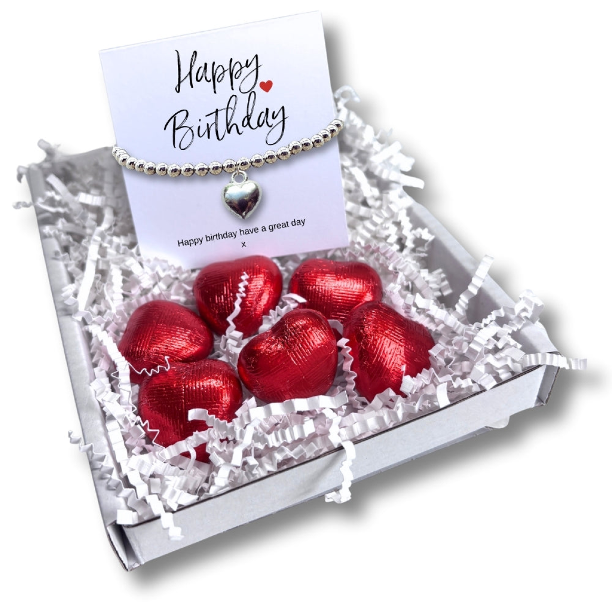Aye Do Gifts Happy Birthday Mini Gift Hamper with Silver Heart Charm Stretch Bracelet & Chocolate Hearts