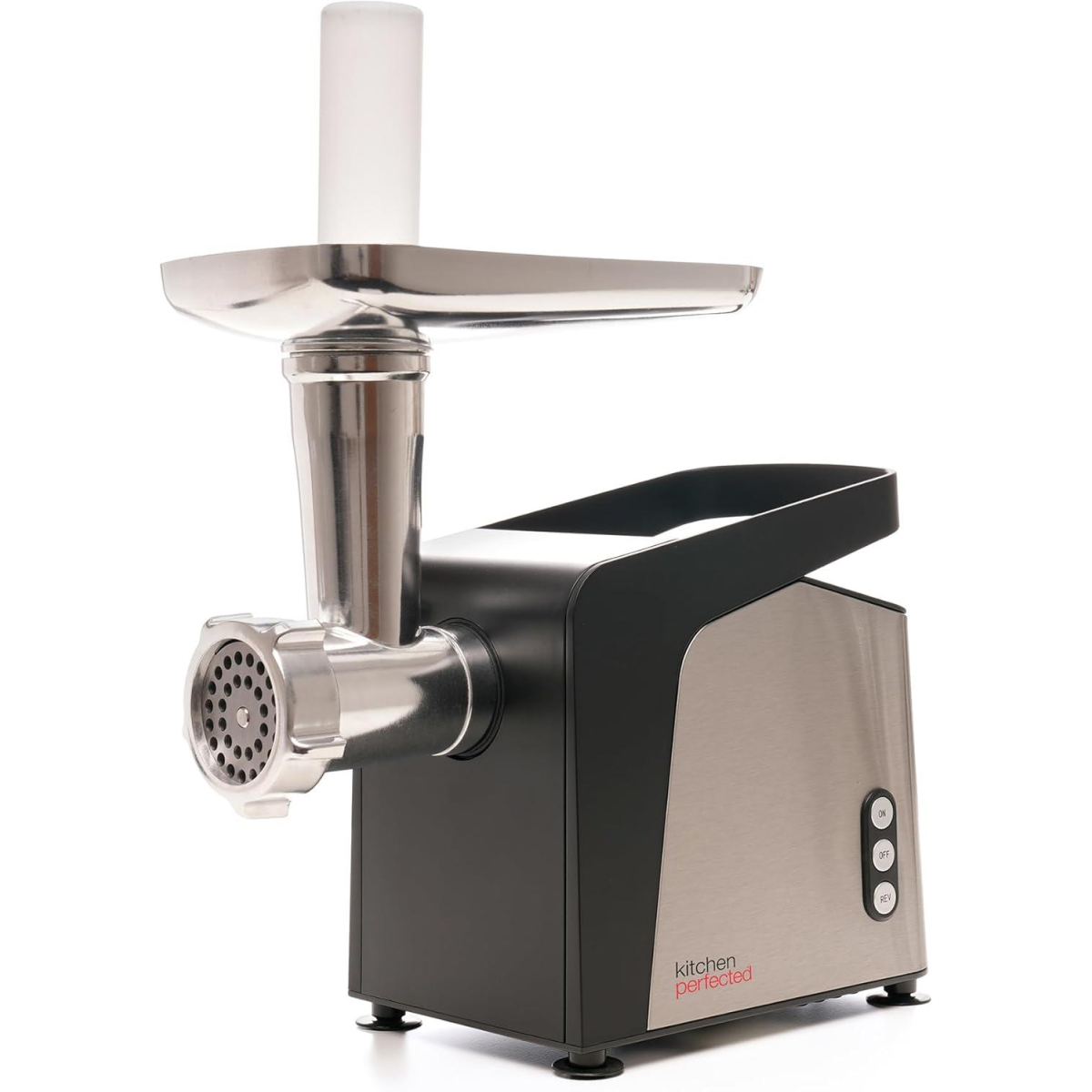 KitchenPerfected 1400W Meat Grinder with 3 Cutting Discs & Sausage Piping – Stainless Steel Cabinet