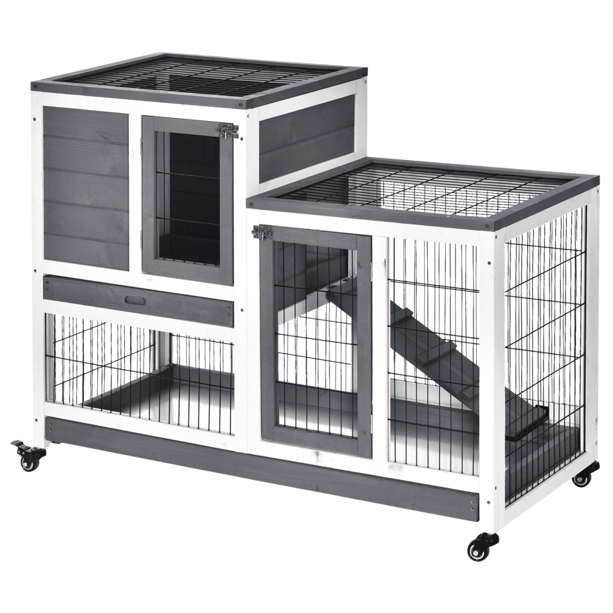 PawHut Wooden Two-Tier Rabbit Hutch with Wheels, Ramp and Slide-Out Trays – Indoor Guinea Pig House