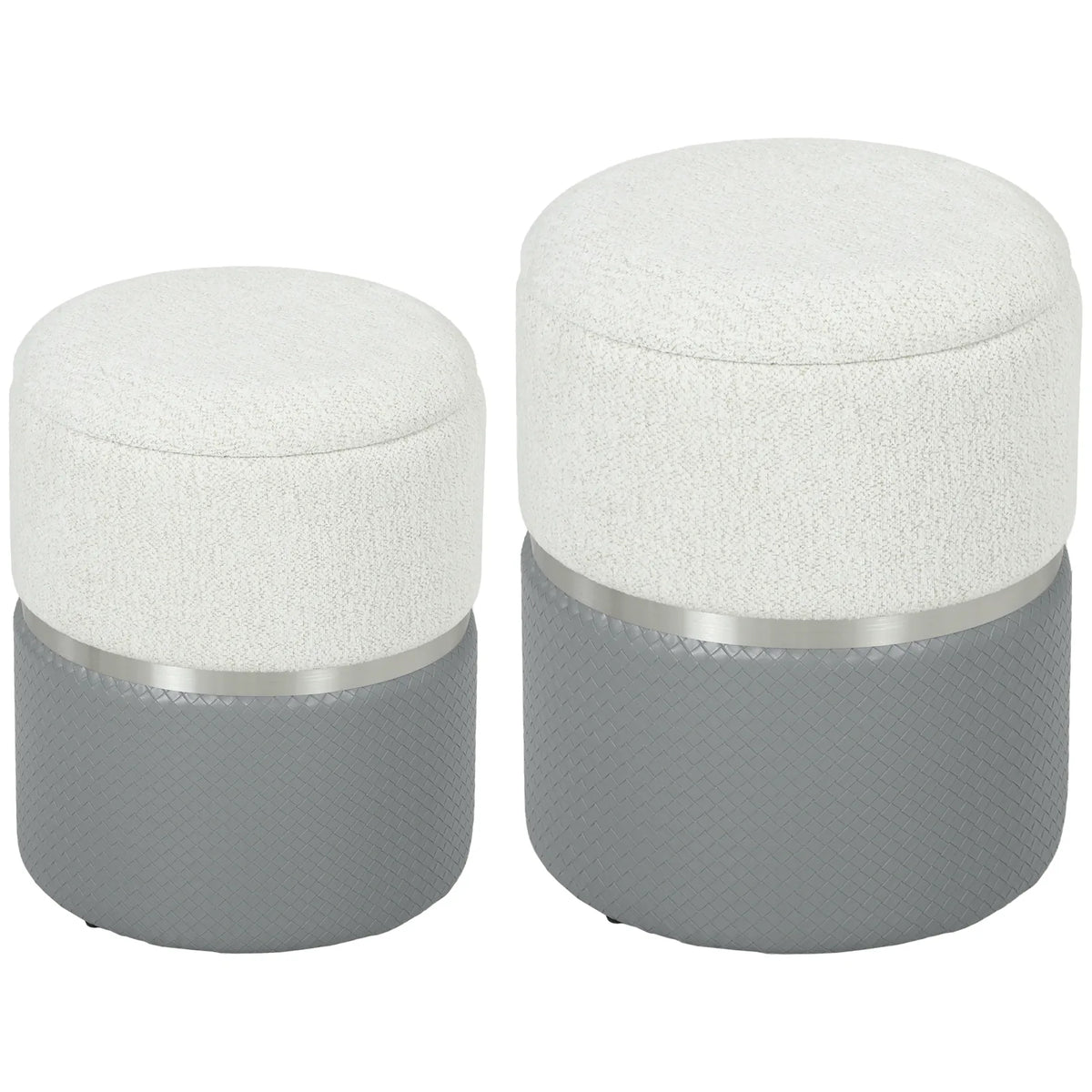 HOMCOM Nesting Round Storage Ottoman Set of 2 with Lift-Off Lids – Footstool and Vanity Stool, Cream and Grey