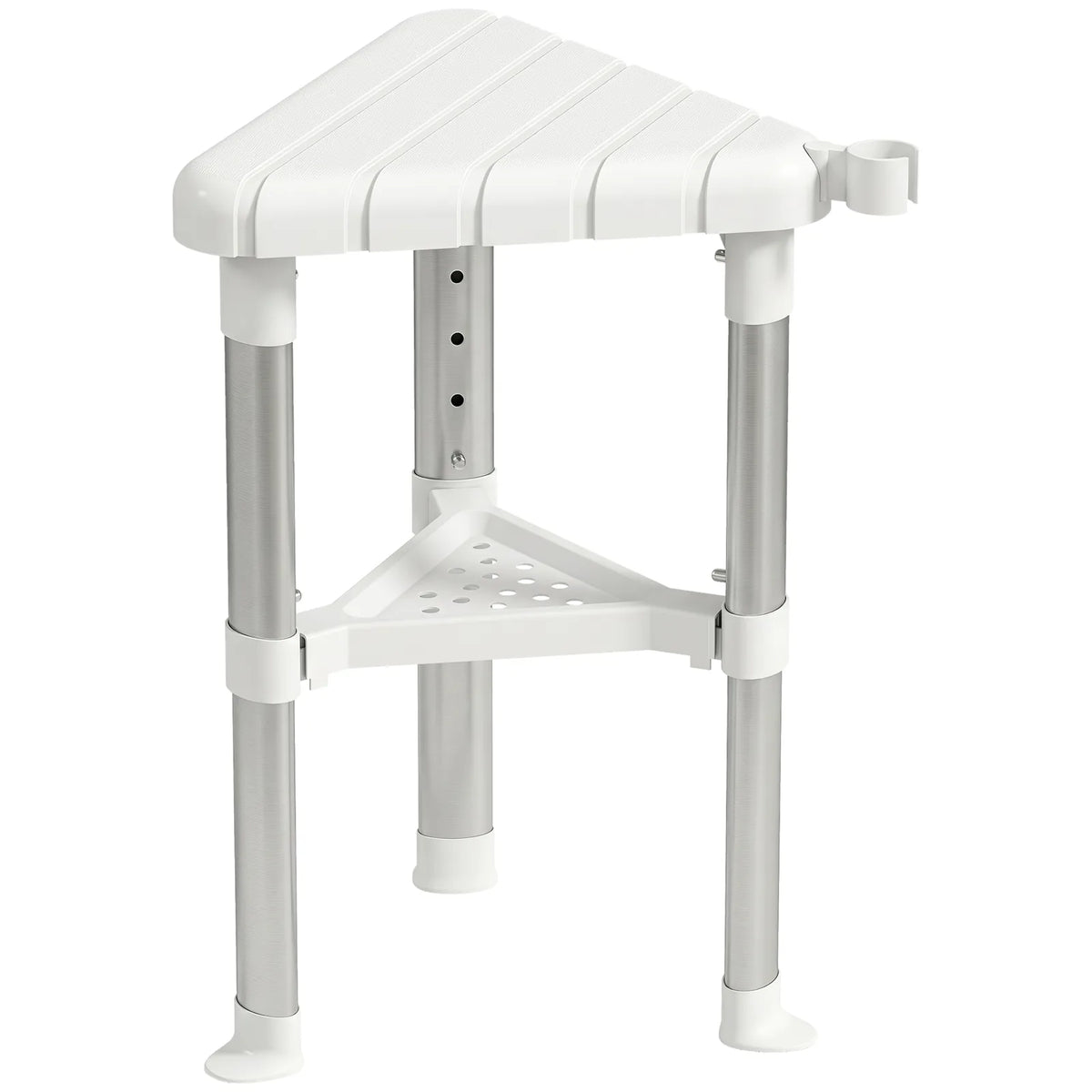 HOMCOM Corner Shower Stool with Storage Shelf, Aluminium Frame and HDPE Seat – Height Adjustable Chair, White