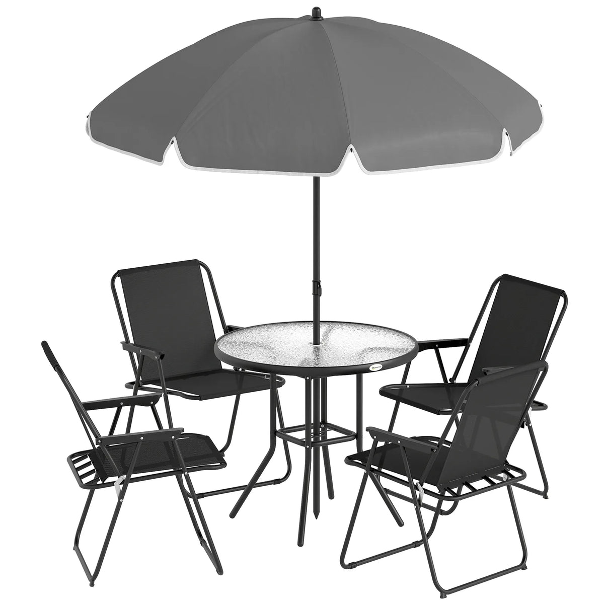 Outsunny 6 Piece Garden Dining Set for 4 with Parasol – Round Glass Table & Folding Mesh Chairs, Black