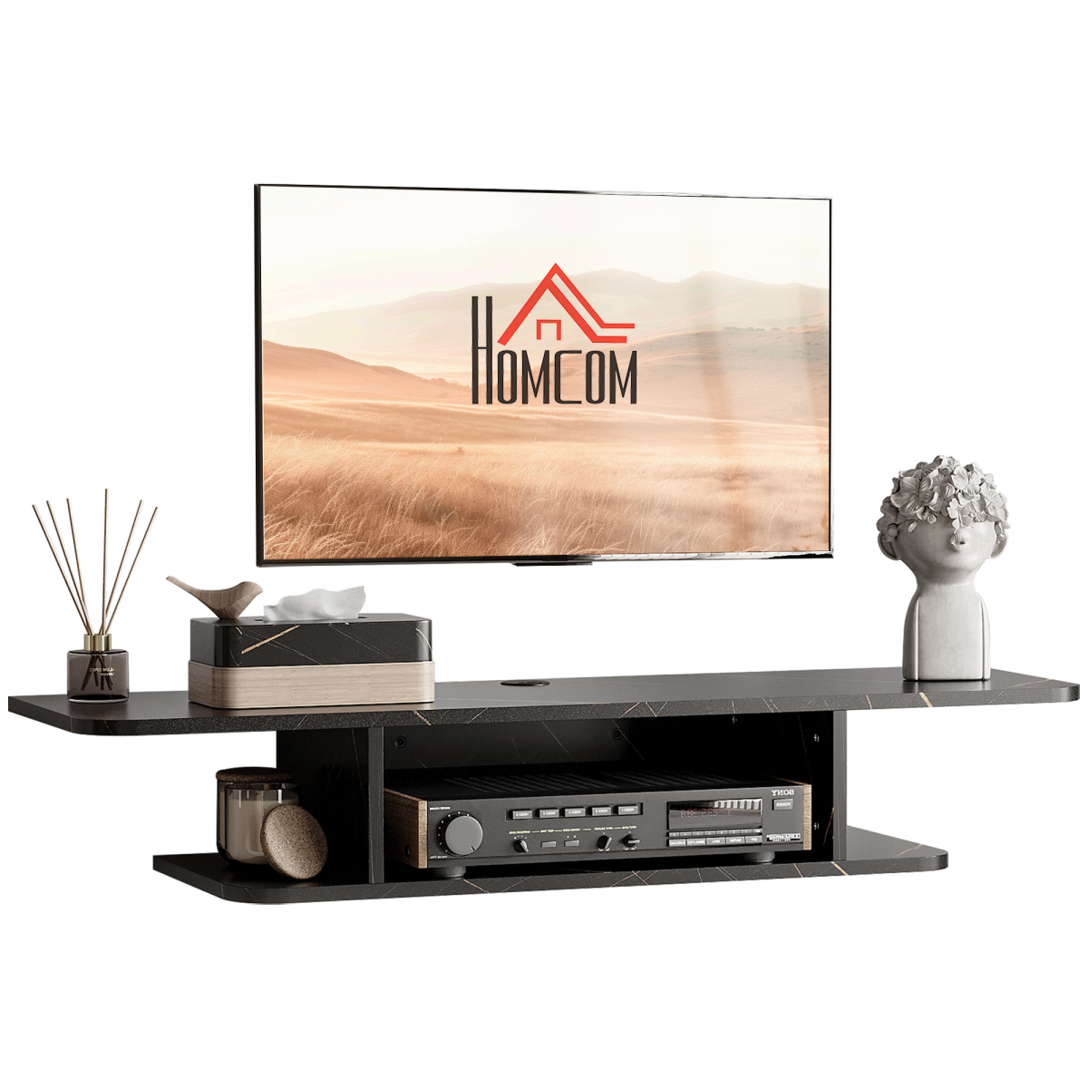 Floating Wall-Mounted TV Unit with Storage Shelves and Cable Management – Media Console, Black